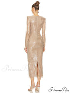 Sexy V Neck Sequins Cutout 3D Flower Dress Long Sleeves Christmas Party Dress