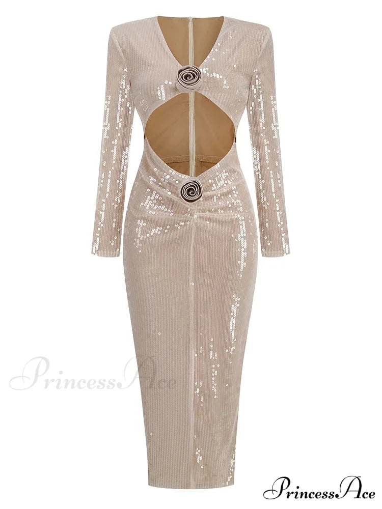 Sexy V Neck Sequins Cutout 3D Flower Dress Long Sleeves Christmas Party Dress
