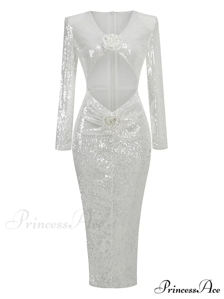 Sexy V Neck Sequins Cutout 3D Flower Dress Long Sleeves Christmas Party Dress