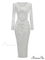 Sexy V Neck Sequins Cutout 3D Flower Dress Long Sleeves Christmas Party Dress