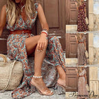 Sexy V-neck Short Sleeve Belted Maxi Dress