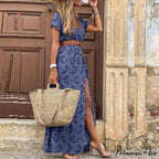 Sexy V-neck Short Sleeve Belted Maxi Dress