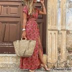 Sexy V-neck Short Sleeve Belted Maxi Dress