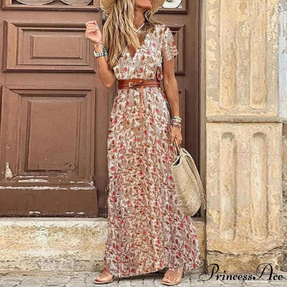 Sexy V-neck Short Sleeve Belted Maxi Dress