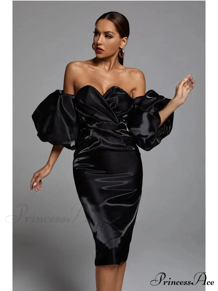 Sexy V-neck Strapless Puff Sleeve Satin Midi Off Shoulder Christmas Party Dress