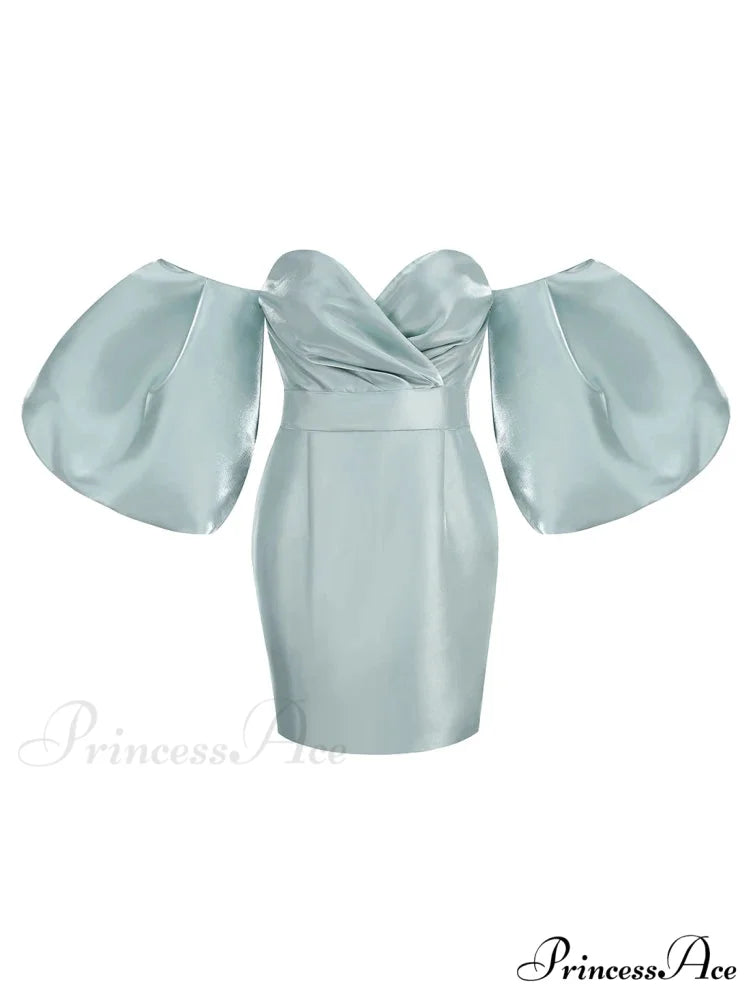 Sexy V-neck Strapless Puff Sleeve Satin Midi Off Shoulder Christmas Party Dress