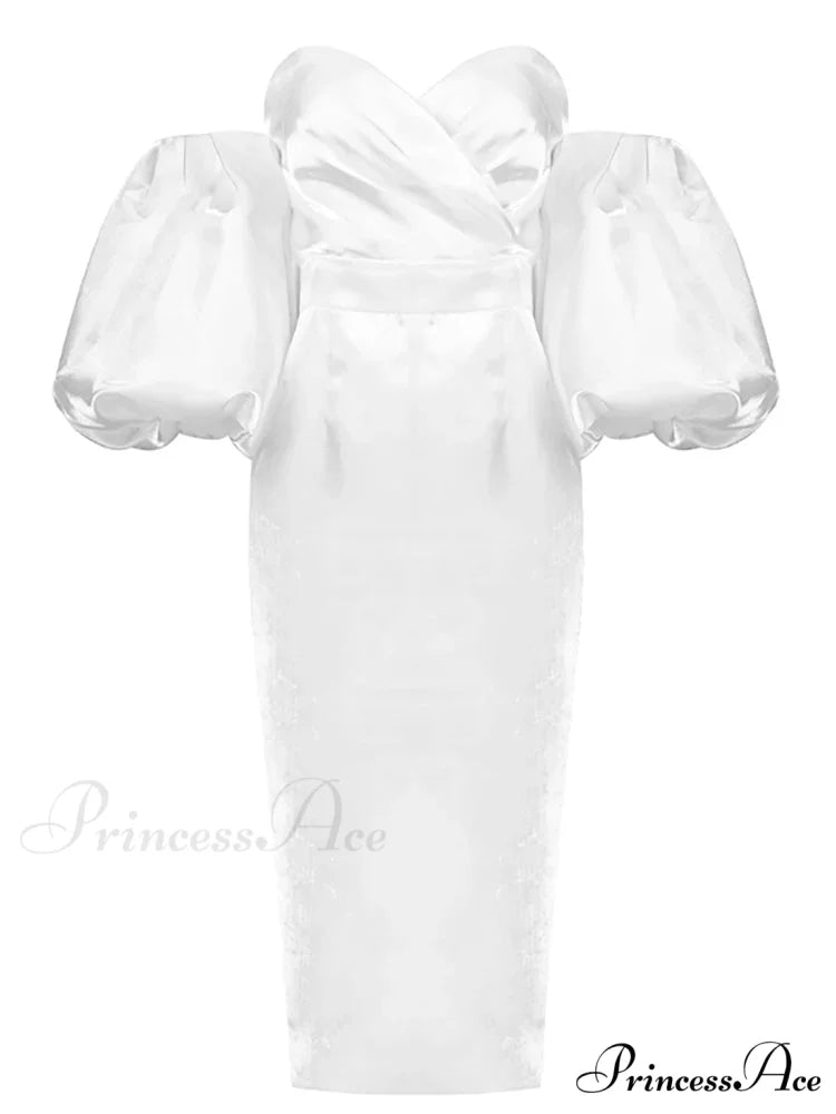 Sexy V-neck Strapless Puff Sleeve Satin Midi Off Shoulder Christmas Party Dress