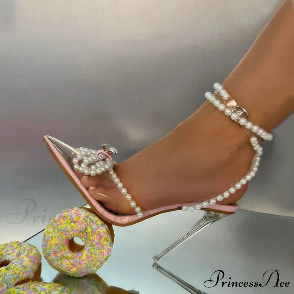 Sexy White String-Bead TransparentFashionable Butterfly-Knot Clear Pointed-Toe Summer Pumps High Heel