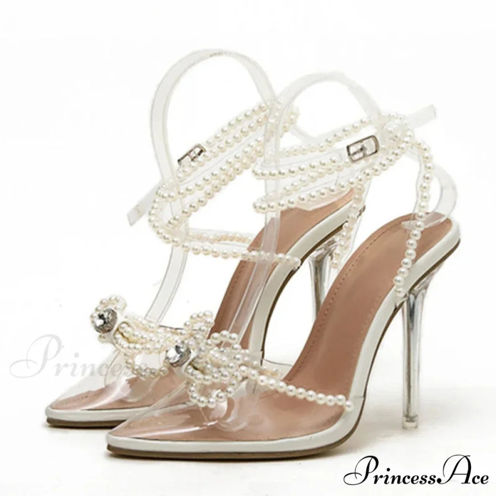 Sexy White String-Bead TransparentFashionable Butterfly-Knot Clear Pointed-Toe Summer Pumps High Heel