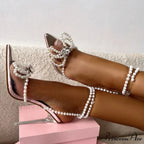 Sexy White String-Bead TransparentFashionable Butterfly-Knot Clear Pointed-Toe Summer Pumps High Heel