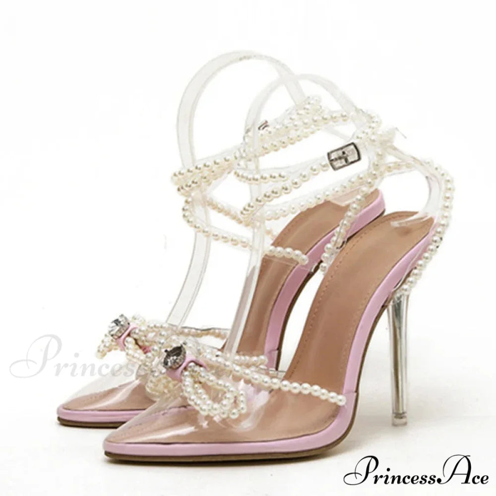 Sexy White String-Bead TransparentFashionable Butterfly-Knot Clear Pointed-Toe Summer Pumps High Heel