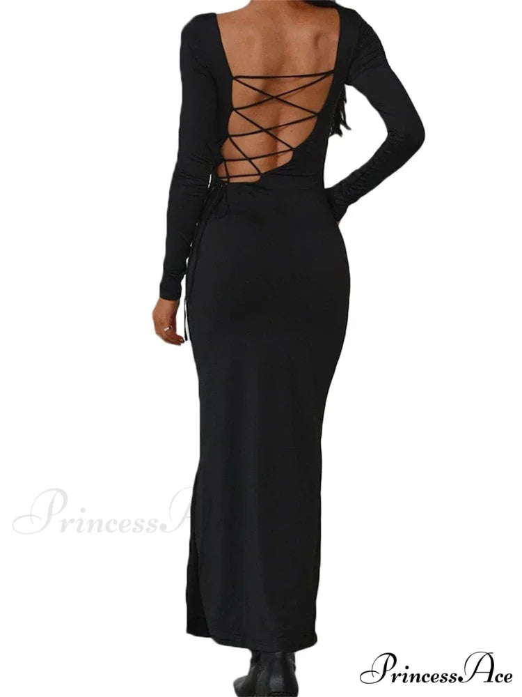 Sexy Women Backless Hollow Out Criss-cross Tie-up Sleeve Black Solid Slim Fit Party Vestidos