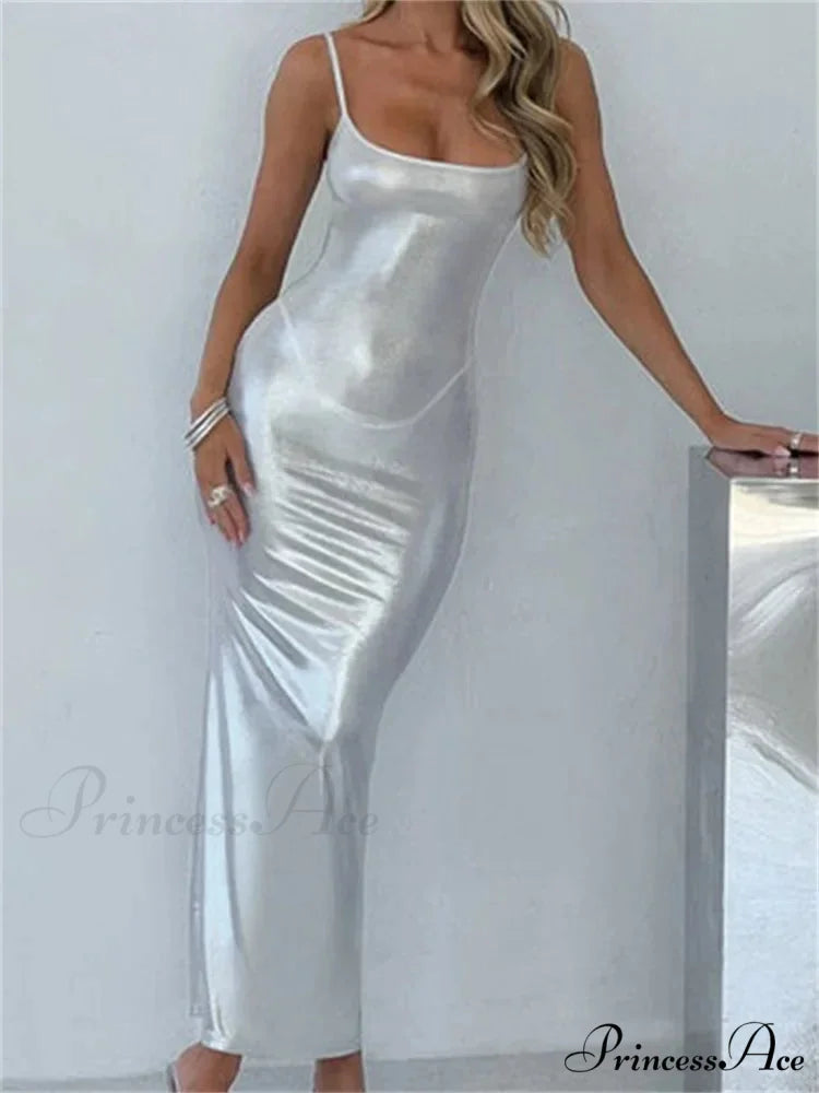 Sexy Women Bodycon Solid Metallic Sleeveless Strap Summer Backless Party Female Vestidos Streetwear