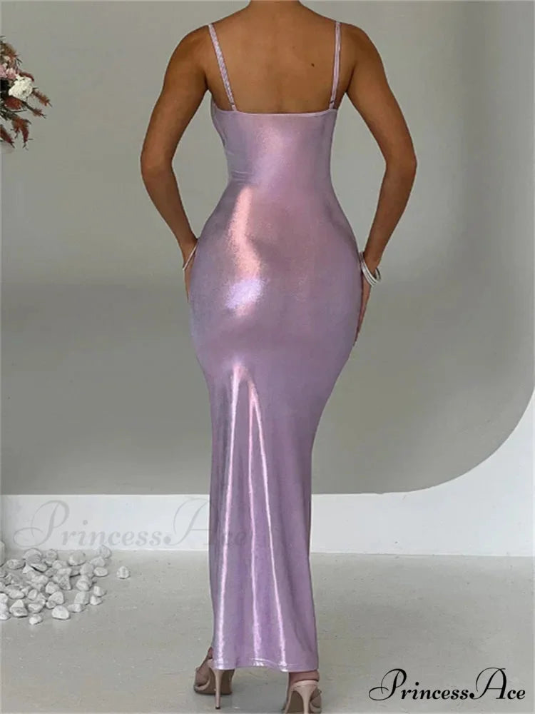 Sexy Women Bodycon Solid Metallic Sleeveless Strap Summer Backless Party Female Vestidos Streetwear