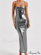 Sexy Women Bodycon Solid Metallic Sleeveless Strap Summer Backless Party Female Vestidos Streetwear
