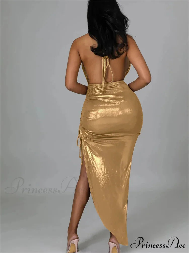 Sexy Women Halter V-neck Off Shoulder Drawstring High Split Backless Tie-Up Wrap Hip Slim