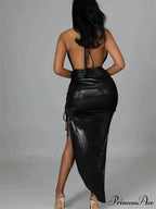 Sexy Women Halter V-neck Off Shoulder Drawstring High Split Backless Tie-Up Wrap Hip Slim