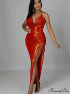 Sexy Women Halter V-neck Off Shoulder Drawstring High Split Backless Tie-Up Wrap Hip Slim