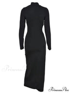 Sexy Women High Split Sleeve High Neck Solid Evening Side Cutout Bodycon Female Vestidos