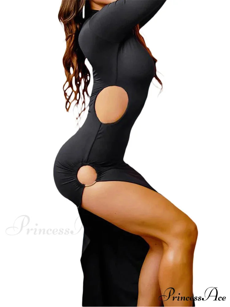 Sexy Women High Split Sleeve High Neck Solid Evening Side Cutout Bodycon Female Vestidos