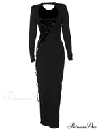 Sexy Women Hollow Out Backless Summer Sleeve High Split Tie Up Round Neck Party Vestidos