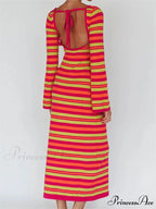 Sexy Women Knitted Sleeve Crew Neck Backless Tie-up Striped Print Slim Fit Spring Fall Vestidos