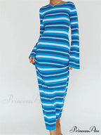 Sexy Women Knitted Sleeve Crew Neck Backless Tie-up Striped Print Slim Fit Spring Fall Vestidos