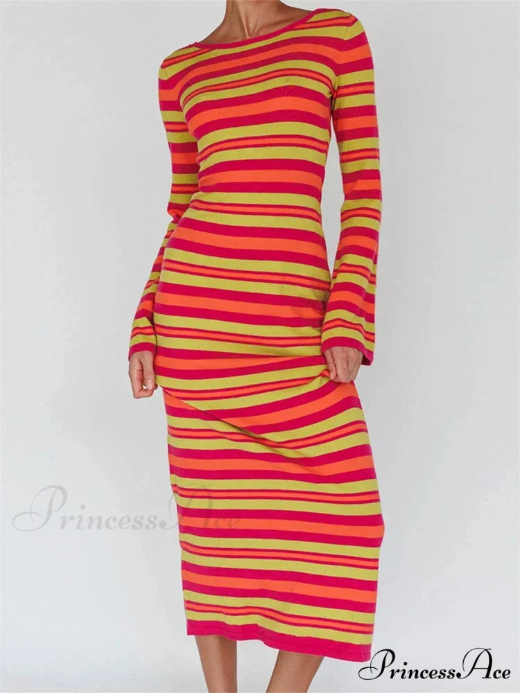 Sexy Women Knitted Sleeve Crew Neck Backless Tie-up Striped Print Slim Fit Spring Fall Vestidos