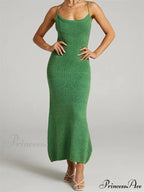 Sexy Women Knitted Summer Solid Color Sleeveless Spaghetti Strap Low Cut O-neck Backless Vestidos