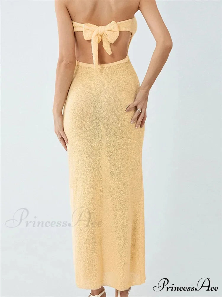 Sexy Women Knitted Tube Strapless Off Shoulder Solid Summer Tie-up Backless Beach Female Vestidos