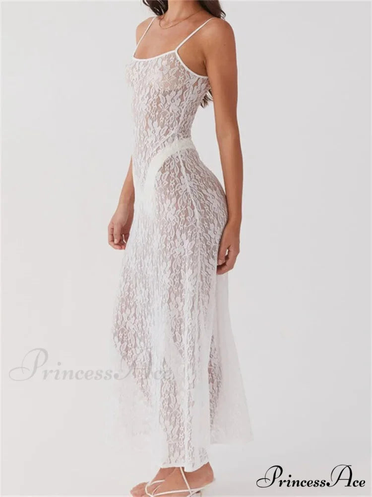 Sexy Women Lace Floral Sexy Mesh See Through Summer Sleeveless Strap White Beach Female Vestido