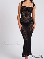 Sexy Women Lace Floral Sling Mesh See-Through Sleeveless Strap Low Cut Summer Backless Party Vestido