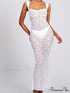 Sexy Women Lace Floral Sling Mesh See-Through Sleeveless Strap Low Cut Summer Backless Party Vestido