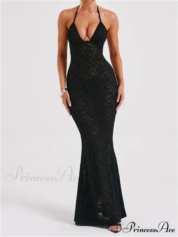 Sexy Women Lace Sexy Mesh See Through Summer Off Shoulder V-neck Halter Black Beach Female Vestidos