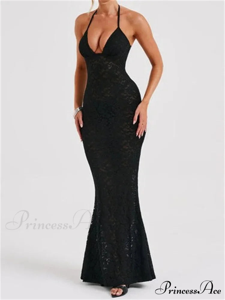 Sexy Women Lace Sexy Mesh See Through Summer Off Shoulder V-neck Halter Black Beach Female Vestidos