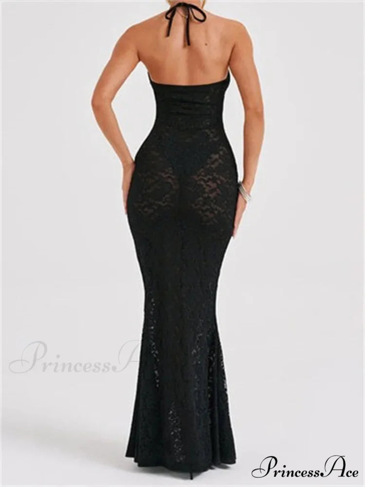 Sexy Women Lace Sexy Mesh See Through Summer Off Shoulder V-neck Halter Black Beach Female Vestidos