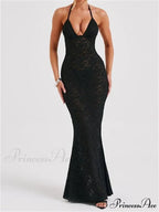 Sexy Women Lace Sexy Mesh See Through Summer Off Shoulder V-neck Halter Black Beach Female Vestidos