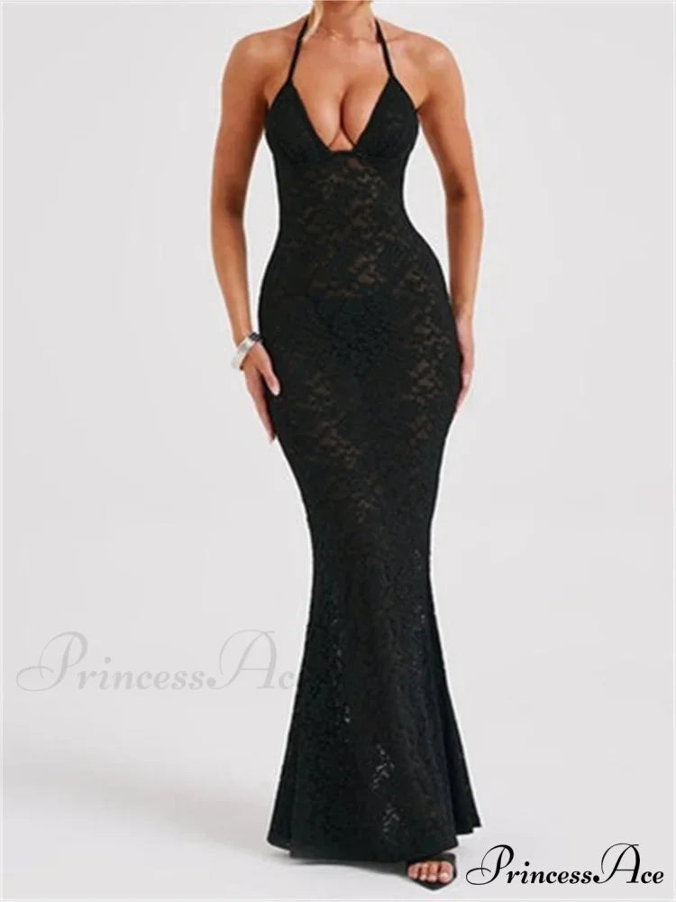 Sexy Women Lace Sexy Mesh See Through Summer Off Shoulder V-neck Halter Black Beach Female Vestidos