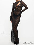 Sexy Women Lace Party Sleeve Crew Neck Front Hollow Out Cocktail Mesh See-Through Vestidos