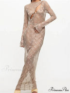 Sexy Women Lace Party Sleeve Crew Neck Front Hollow Out Cocktail Mesh See-Through Vestidos