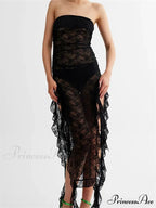 Sexy Women Lace Tube Strapless Off Shoulder Backless See Through Irregular Hem Split Tassels Clubwear New