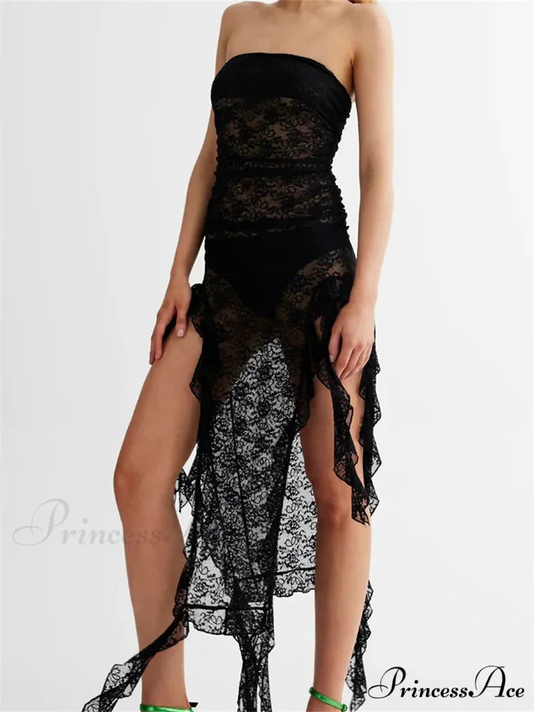 Sexy Women Lace Tube Strapless Off Shoulder Backless See Through Irregular Hem Split Tassels Clubwear New