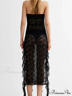 Sexy Women Lace Tube Strapless Off Shoulder Backless See Through Irregular Hem Split Tassels Clubwear New