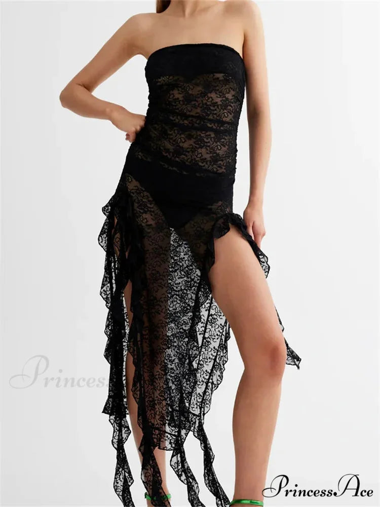 Sexy Women Lace Tube Strapless Off Shoulder Backless See Through Irregular Hem Split Tassels Clubwear New