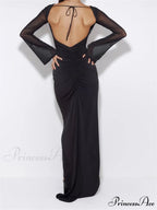 Sexy Women Mesh Sleeve Backless Ruched Lace-up Solid Color Party Female Irregular Hem Vestidos