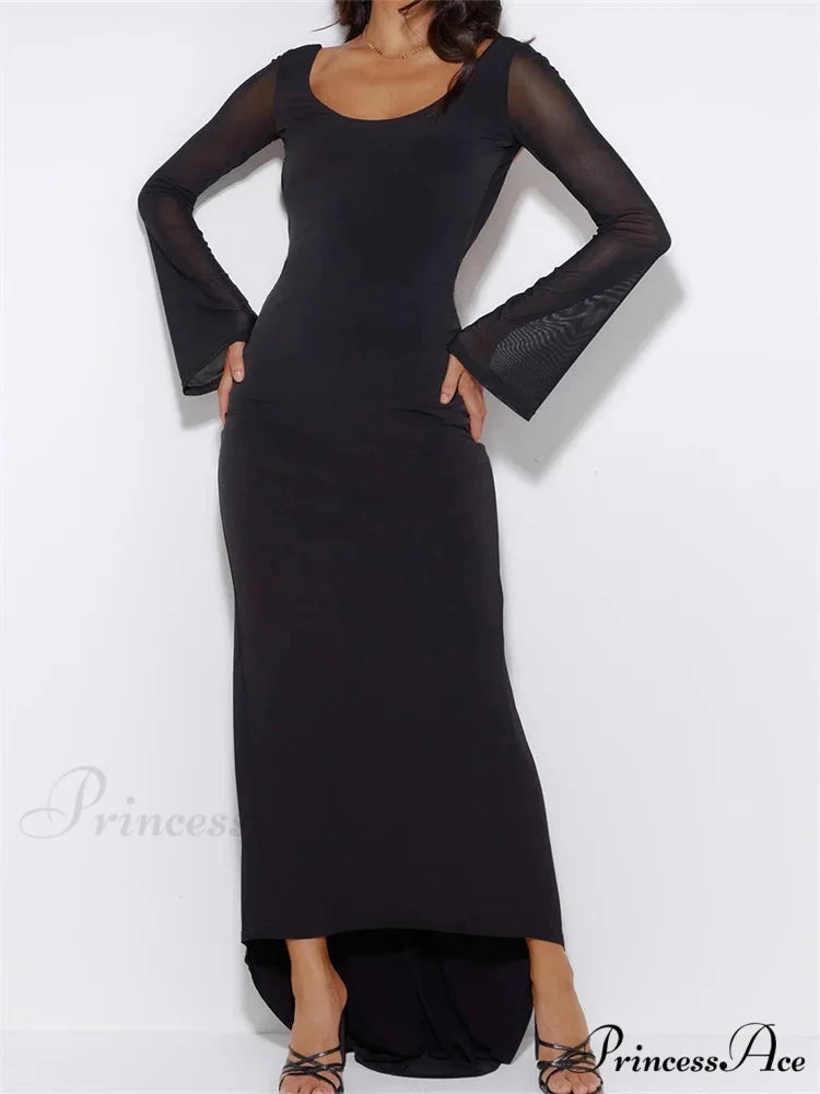 Sexy Women Mesh Sleeve Backless Ruched Lace-up Solid Color Party Female Irregular Hem Vestidos