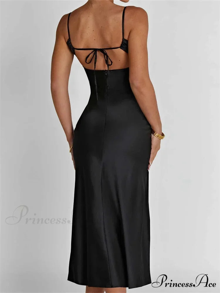 Sexy Women Ruched Lace Low Cut Sleeveless Spaghetti Strap High Split Evening Front Tie-up Vestidos