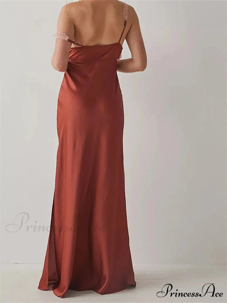 Sexy Women Side High Split Sleeveless Deep V-neck Backless Summer Lace Trim Cocktail Party Vestidos