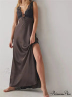 Sexy Women Side High Split Sleeveless Deep V-neck Backless Summer Lace Trim Cocktail Party Vestidos