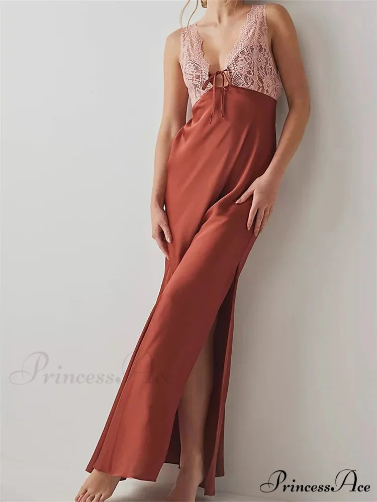 Sexy Women Side High Split Sleeveless Deep V-neck Backless Summer Lace Trim Cocktail Party Vestidos